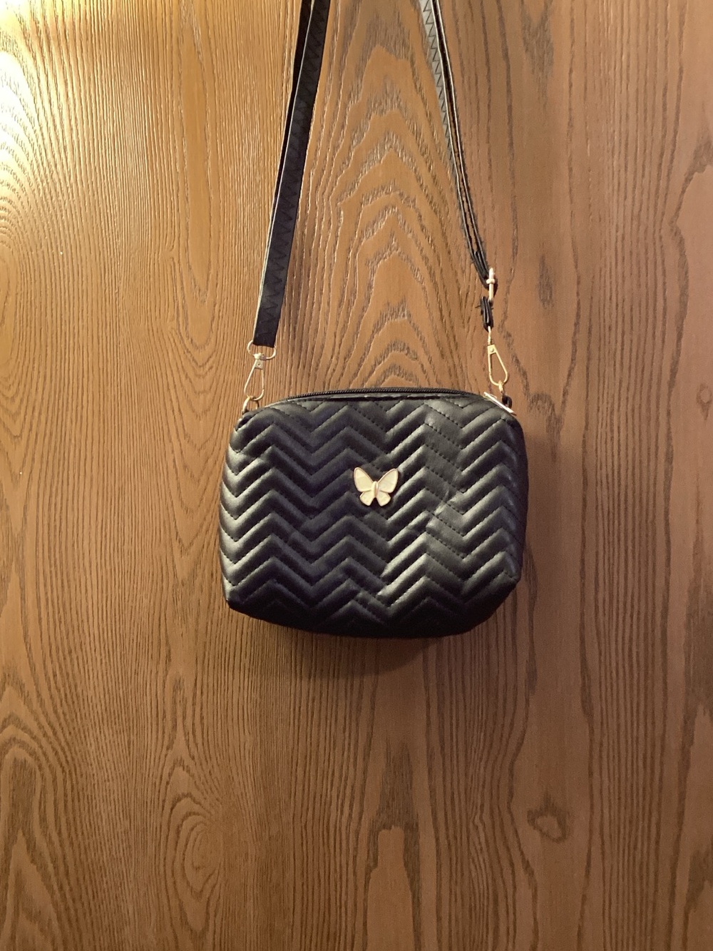 SHEIN Black Quilted Crossbody with Gold Butterfly Accent